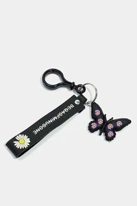 Colorful Butterfly Daisy Flower Floral Fashion Keychain Ring Strap Black New - Picture 1 of 2