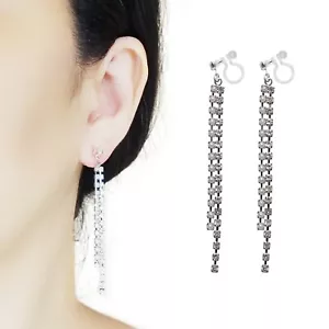 Dangle Long Pearl Silver Crystal Rhinestone Invisible Clip On Earrings - Picture 1 of 10