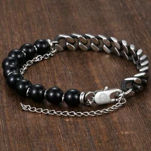 Bracciale Uomo Acciaio Inox Perle Braccialetto Pietra Vintage - Foto 1 di 4