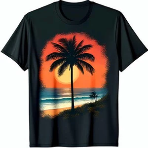 Vibrant Sunset Tree Graphic Black T-Shirt for Tropical Paradise Vibes - Picture 1 of 4