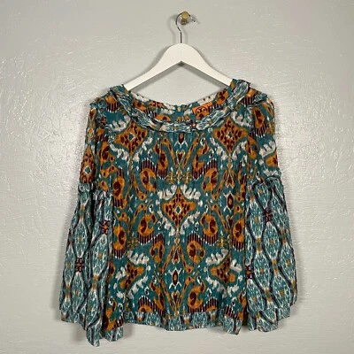 Tory Burch Women 10 Blue Orange Ikat Boho Print Blouse Silk Layered Ruffle - Image 1 of 4