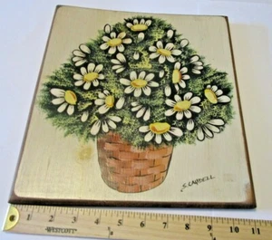 Vintage Original Oil Painting on Wood Daisies in Woven basket signed S. Caudell - Picture 1 of 6