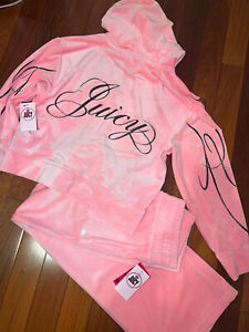 Juicy Couture Light Pink Logo Velour Tracksuit Set - Small Hoodie And Pants