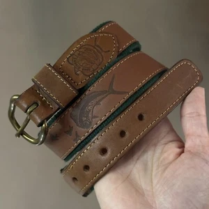 Reef Riders Belt Men's Size 36 Vintage Leather Canvas Mahi-Mahi Fish Nautical - Picture 1 of 22
