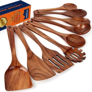 Wooden Utensil Set, Natural Teak Wooden Kitchen Utensils Set, Essential Woode... - Foto 1 di 9