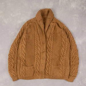 Vintage 80s Aran Cable Knitted Cardigan L Wool Men's Brown Sweater - Picture 1 of 6