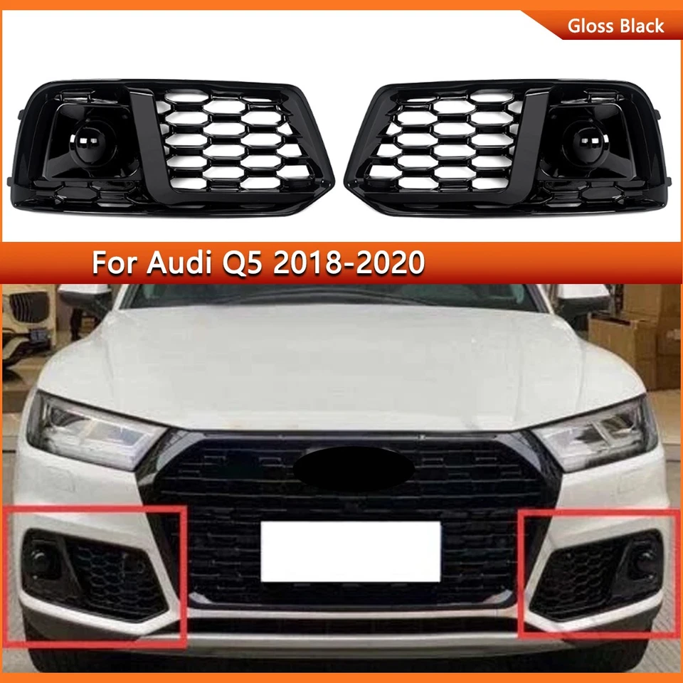 2x RSQ5 Look Fog Light Grille Covers With ACC For 2018-2020 Audi Q5 Gloss Black - Изображение 1 из 4