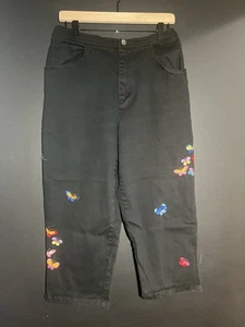 Quacker Factory Ankle Crop Pants Women's Large Black Embroidered Butterflies B16 - Picture 1 of 10