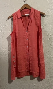 J. Jill Love Linen Button Front Tunic Top Womens M Orange High Low Hem Coastal - Picture 1 of 8