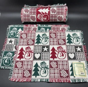 Winter Scape Weihnachten Jacquard Läufer & 2 Tischsets Set Schneemann Bäume Fransen - Bild 1 von 8