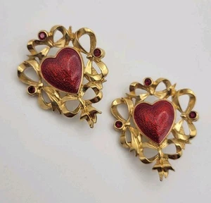 Vtg Heart Bows Earrings Red Enamel Hearts Gold Tone Clip On Rhinestones Avon - Picture 1 of 8