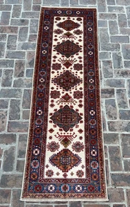Super Kazak Runner Rug 3x8 ft Hand-Knotted Wool Caucasian Tribal Geometric Rug - Picture 1 of 13