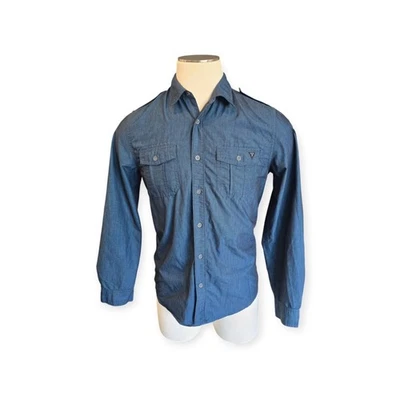 Guess Button Up Shirt Long Sleeve Navy Blue Pocket Guess Logo Mens M - Image 1 of 4