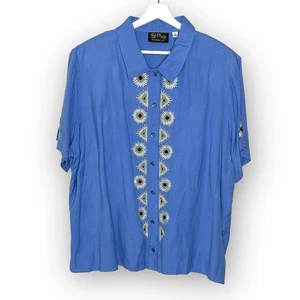 Bob Mackie Wearable Art Leinen bestickt Azteken Blumen Knopfleiste Shirt Damen 2X - Bild 1 von 9