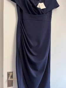 BNWT Quiz Clothing Navy Blue Off the Shoulder wrap front dress stretch size 12 - Picture 1 of 4