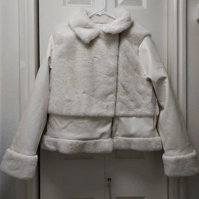 Nine West ‘Daisy Dew’ White Faux Fur Leather Zipper Moto Coat Jacket  Women’s M - Image 1 of 4
