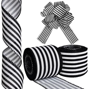 Black White Striped Wired Ribbon 2 Rolls 2.5 inch x 10 Yards Satin Ribbon - Picture 1 of 9