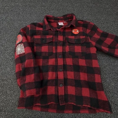 Marvel Spider Man Shirt Youth Medium Red Black Plaid Flannel Web Patch Jacket - Image 1 of 4