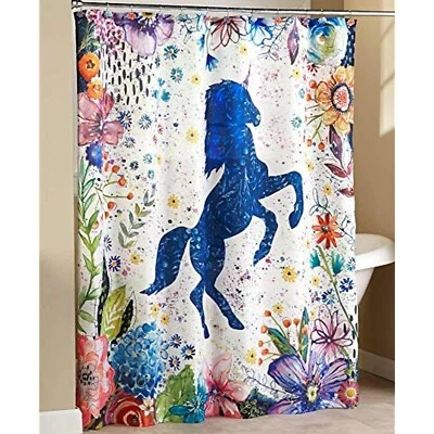 nuevo CORTINA DE DUCHA UNICORNIO Floral Tela Divertida ~ Blanco Azul Flores Lunares Fantasía Foto 1 de 3
