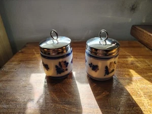 Porcelain Egg Coddler 2 Piece Set Delft Blue Floral Pattern - Lot of 2 - Picture 1 of 6