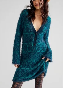 NEW FREE PEOPLE GREEN BALSAM FUZZY FEELINGS MINI SWEATER DRESS SIZE XS - Picture 1 of 10