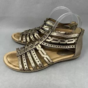 EARTH “Bay” Sandals Sz 8B Champagne Leather Gladiator Flat Rear Zip Strappy Flat - Picture 1 of 12