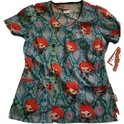 NWT Cherokee Marvel Comics Chibi Black Widow Scrub Top Uniform w/pockets size S - Image 1 of 4