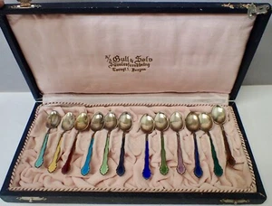 EDJ25 Antique Set (12) Sterling Silver Guilloché Enamel Spoons w/ Box Norway - Picture 1 of 21
