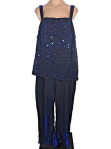 Vintage 90s Onyx Nite jumpsuit palazzo pant Blue Glitter Sequin Shimmer PLUS 20W - Picture 1 of 8