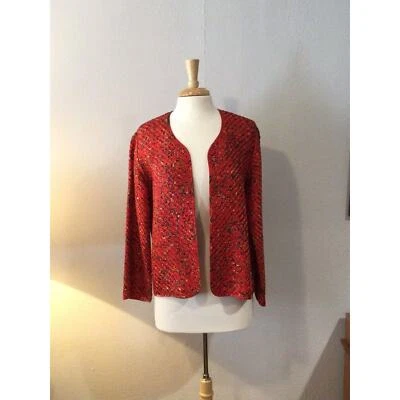 Chico's Design Red w/Multicolor Specs 100% Silk Jacket/Blazer/Cardigan Size 1 - Image 1 of 4