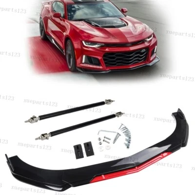 Gloss Black+Red For Chevy Camaro SS LT ZL1 Front Bumper Lip Splitter Strut Rods - Изображение 1 из 4
