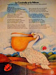 PUBLICITÉ PRESSE 1970 FABLE SUR LA VOLKSWAGEN 1302 - LA COCCINELLE ET LE PÉLICAN - Picture 1 of 1