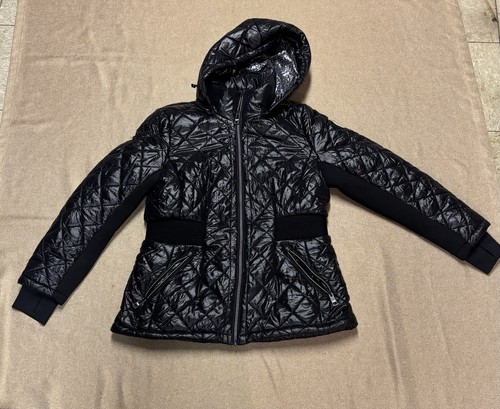 RARO Find Michael Kors L nero su nero effetto snellente puffer jacket con cappuccio