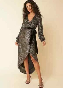 Kaleidoscope Size 10 Gold Sequin Wrap Dress for Special Occasion NEW - Picture 1 of 8