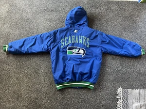VINTAGE 90's SEATTLE SEAHAWKS JACKET W/ WITH HOOD SZ M OLD LOGO NFL LIC. - Picture 1 of 16