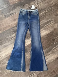 Zenana Stretch Denim Open Flare Jeans Raw Fray Hem & Waist Size 25 Bell Bottoms - Picture 1 of 6