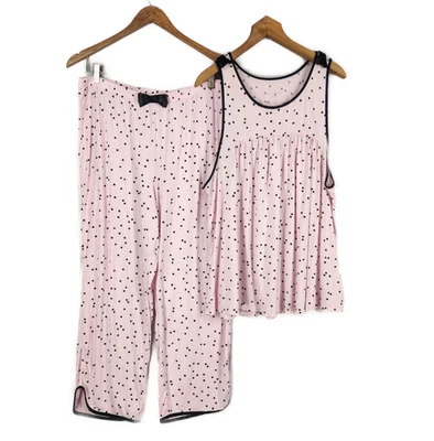 Conjunto de Pijama Kate Spade Pantalones Cortos Rosa Disperso Lunares Negro Lazos Tanque XL Foto 1 de 4