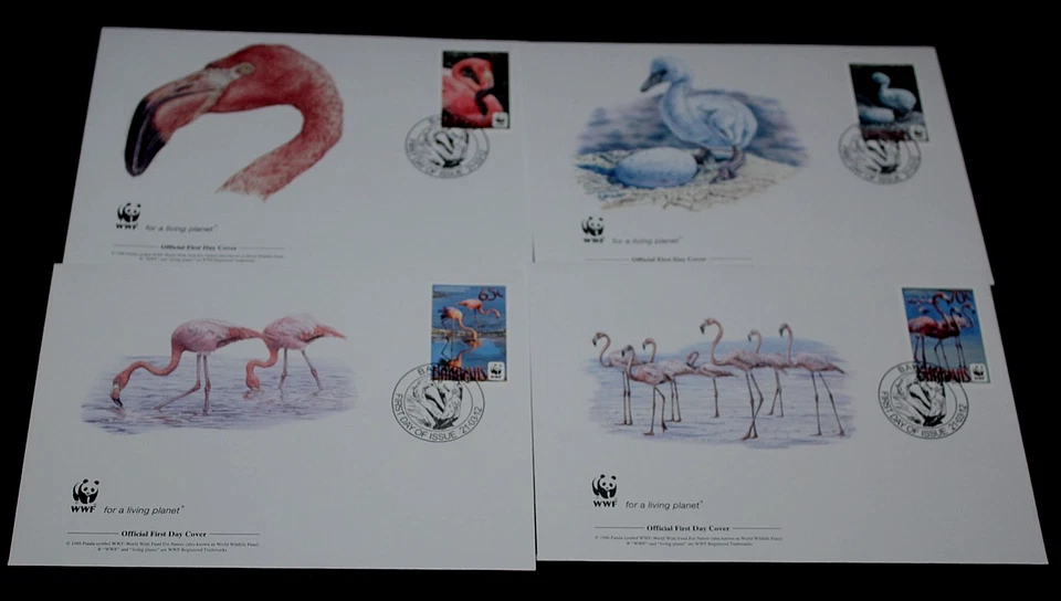 BAHAMAS 2012 WWF CARIBBEAN FLAMINGOS BIRDS  SET OF 4 ON 4 WWF FIRST DAY COVERS — 第 1/1 张图片