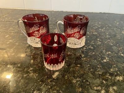 Set of 3 Antique Ruby Stained Souvenir Glasses – Atlantic City 1901 &1903 - Image 1 of 4