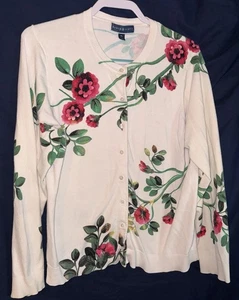 Karen Scott Blumen Strickjacke Pullover XL weiß rosa grün Knopfleiste Langarm - Bild 1 von 7