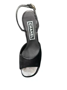AUTHENTIC CHANEL BLACK Logo Ankle Strap Sandal Heels Black Size 38 US 8 - Picture 1 of 6