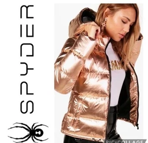 Spyder Alyce Puffer Jacket Metallic Rose Gold Hooded Full Zip Coat Medium - Picture 1 of 7