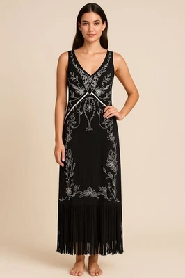Maxi Vestido Krista Lee Mujer Bordado Negro S Flecos Dobladillo Caprichoso Boho  Foto 1 de 4