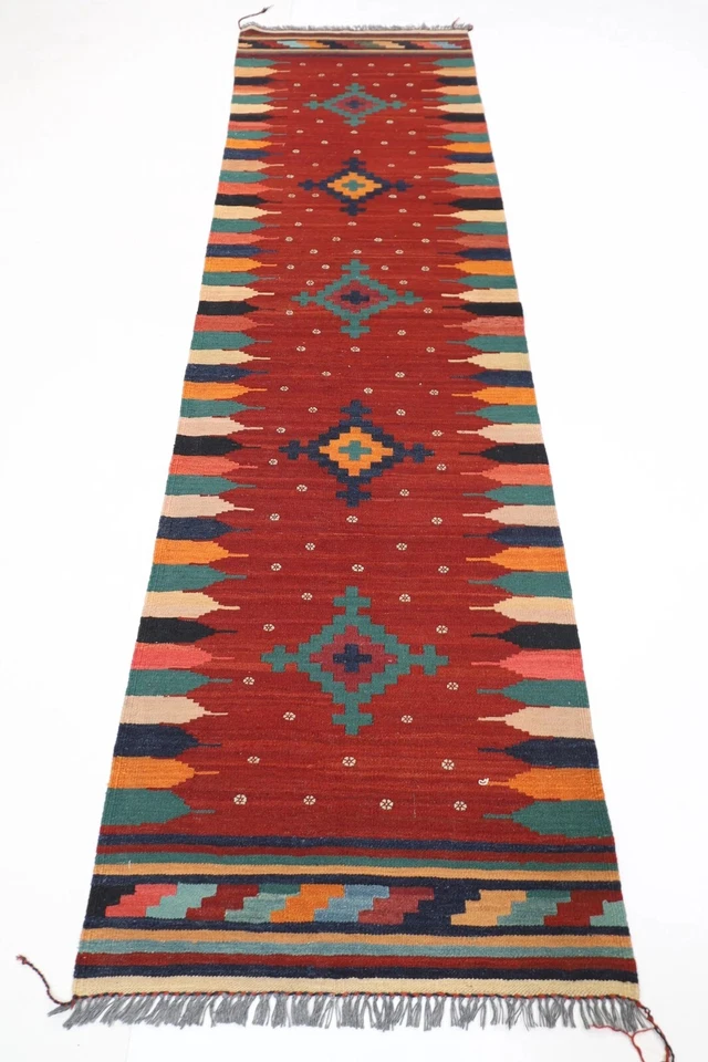 10 ft Hallway Tribal Runner Red Kilim Afghan Hand Knotted Wool Bedroom kilim - Image 1 of 4