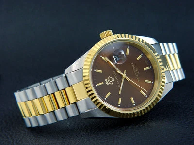 LEONARDO CAVADINI Herrenuhr massiv Edelstahl, Bicolor, braunes Zifferblatt - Bild 1 von 2