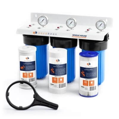 3-Stage Big Blue 10" Whole House System 1" Port+Carbon,Sediment,Pleated Filters - Image 1 of 4