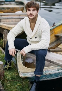 SAOL Aran Irish Fisherman Sweater Shawl Cable Knit 100% Merino Wool Cardigan - Picture 1 of 10