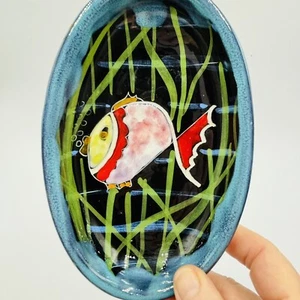 Small Handpainted Ceramic Soap Dish Trinket Bowl Whimsical Fish Folk Art 6” - Picture 1 of 6
