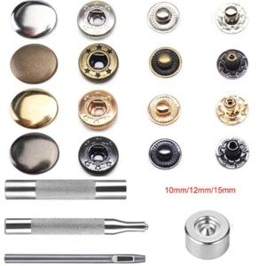 Leather Snap Fasteners Kit 10/12/15mm Metal Button Snaps Press Studs With 4 Tool - Picture 1 of 25