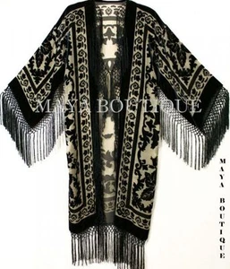 Maya Matazaro Beige & Black Silk Burnout Velvet Fringes Jacket Kimono Long Coat - Picture 1 of 6